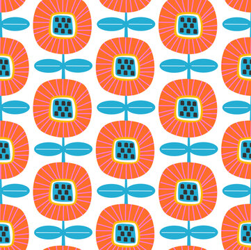 Fototapeta cute scandi blooms seamless pattern in blue orange red on white, floral vector illustration repeat design print
