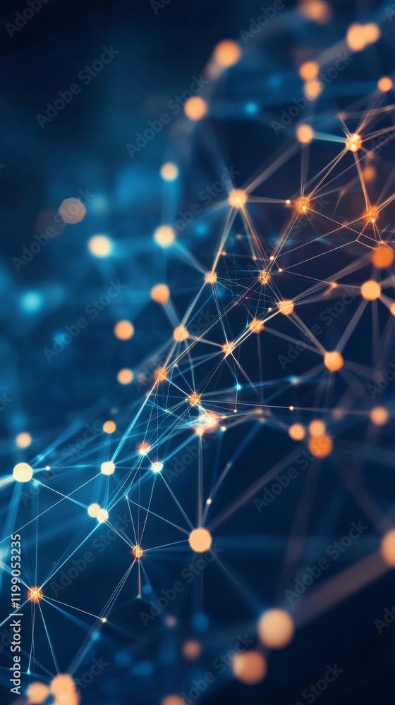Poster luminous network nodes interconnecting, generating digital plexus sphere against deep blue backdrop