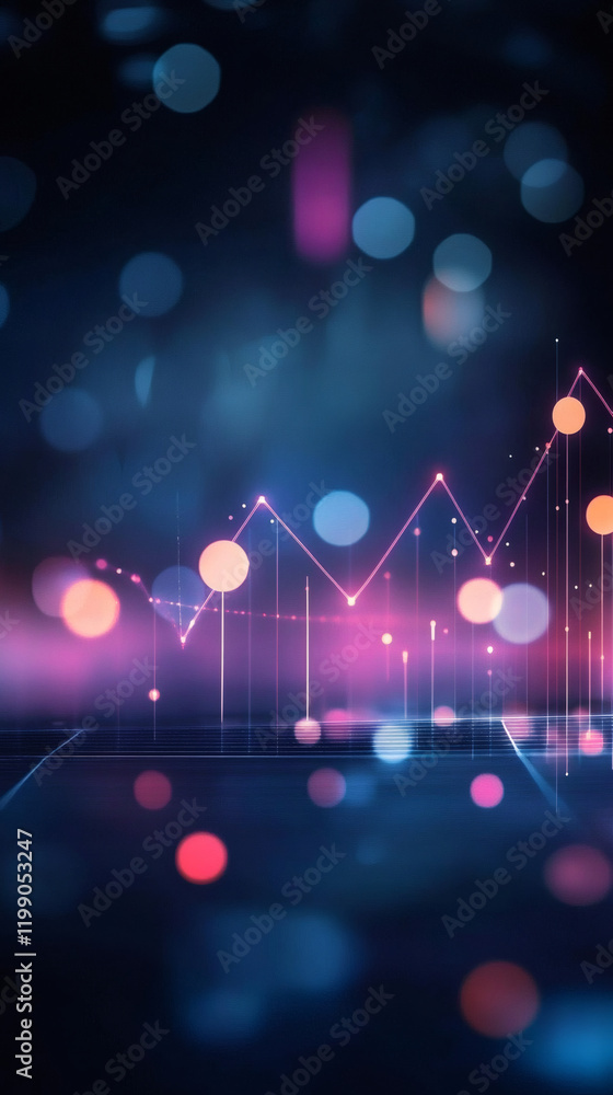 Poster financial chart climbing upward with glowing bokeh highlights on dark gridded surface