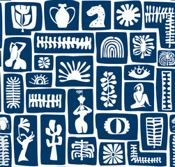 boho bohemian chic blue and white block print style seamless pattern with floral ethnic, tribal botanical elements vector illiustration repeat print design