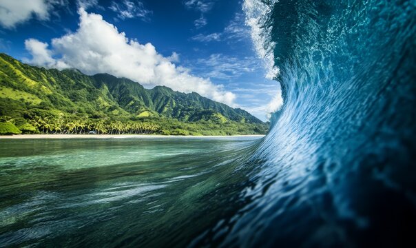Crystal clear view of calm teahupoo waters before the famous waves rise, set against a backdrop of majestic, green-covered mountains under a blue sky with scattered clouds.