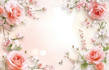 Soft pink roses and cherry blossoms create a delicate floral frame for your creative designs