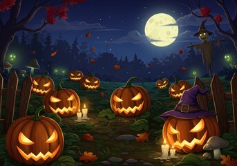 Spooky halloween night landscape with glowing jack-o'-lanterns and full moon magic