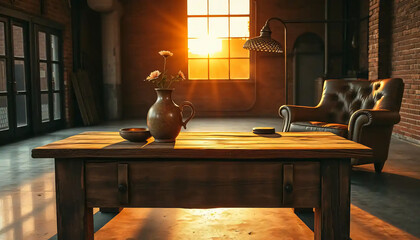 A_icon_of_In_an_industrial_loft,_the_sun_sets,_casting_a_warm,_amber_glow_A_vintage_wooden_table,_weathered_and_worn,_dominates_the_center, Generative AI