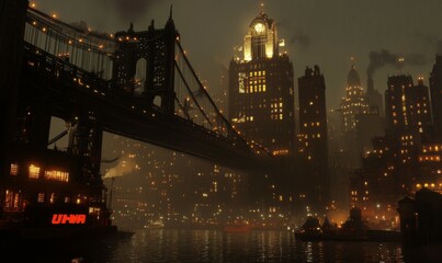 Obraz premium Cyberpunk Cityscape with Bridge and Illuminated Skyscrapers