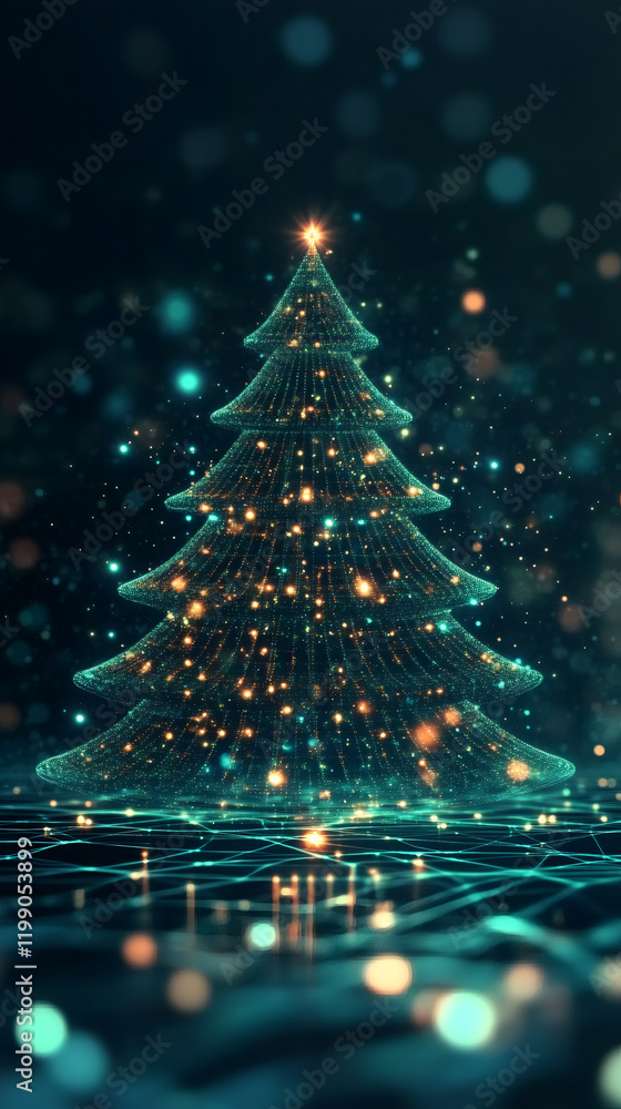 Aufkleber digital christmas tree with glowing particles floating on dark background, perfect for christmas pro