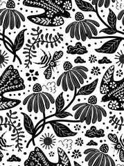scandi nature meadow flowers botanicals birds and bees black and white seamless pattern, block print style repeat print design vector illustration