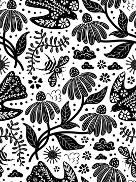 Fototapeta scandi nature meadow flowers botanicals birds and bees black and white seamless pattern, block print style repeat print design vector illustration