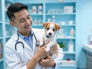 Portrait of an Asian Male Veterinarian Smiling Calmly While Holding a Puppy in a Clean Veterinary Clinic Setting