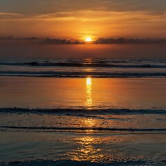Obraz premium Golden horizon glows as the sun dips below the tranquil ocean waves during a stunning sunset at the beach. Generative AI