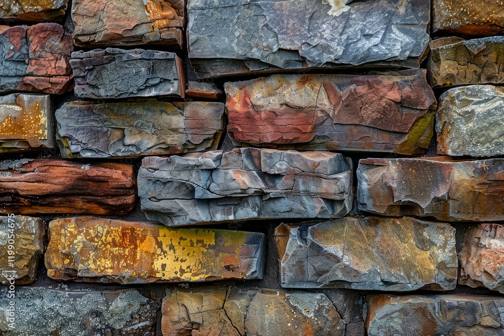 Poster close up of a stone wall featuring various textures and colors, creating a visually interesting patt