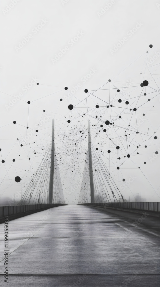 Poster network nodes connecting across foggy cable-stayed bridge, symbolizing global digital communication 