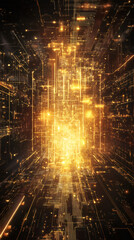 Glowing golden network infrastructure visualizing interconnected digital pathways, data transmission, and technological innovation