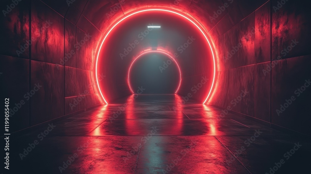 Poster a dimly lit tunnel features vibrant neon circles at each end, casting reflections on the wet floor a