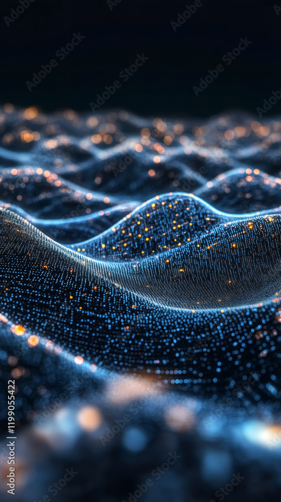 Poster digital blue wave glowing with data particles streaming through dark cyberspace, symbolizing technol