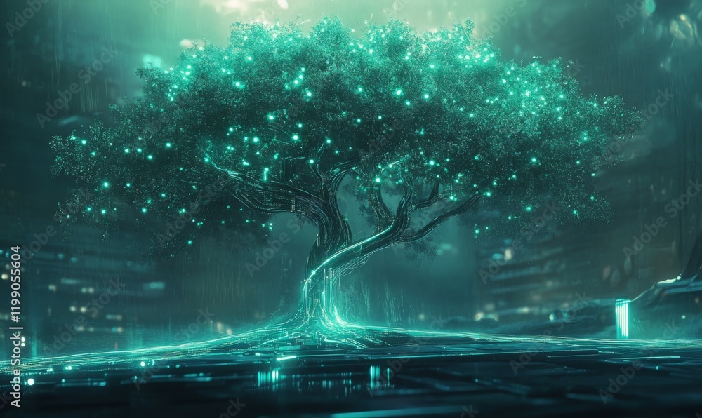 Poster conceptual art of a modernized digital tree with glowing branches, representing growth and technolog