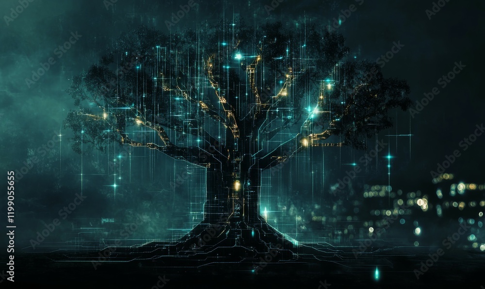 Poster conceptual art of a modernized digital tree with glowing branches, representing growth and technolog
