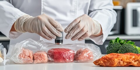food safety inspection monitoring concept. A chef prepares meat in a kitchen, using gloves and vacuum sealing for freshness and hygiene.