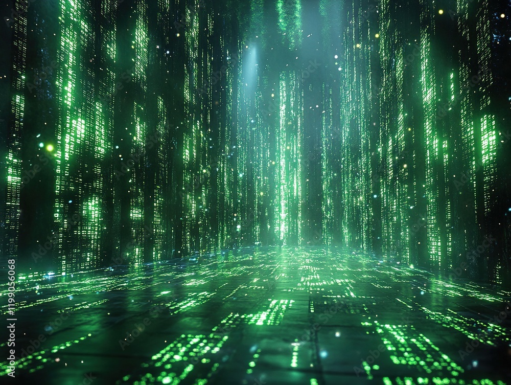 Poster green digital code streams in cyberspace data tunnel