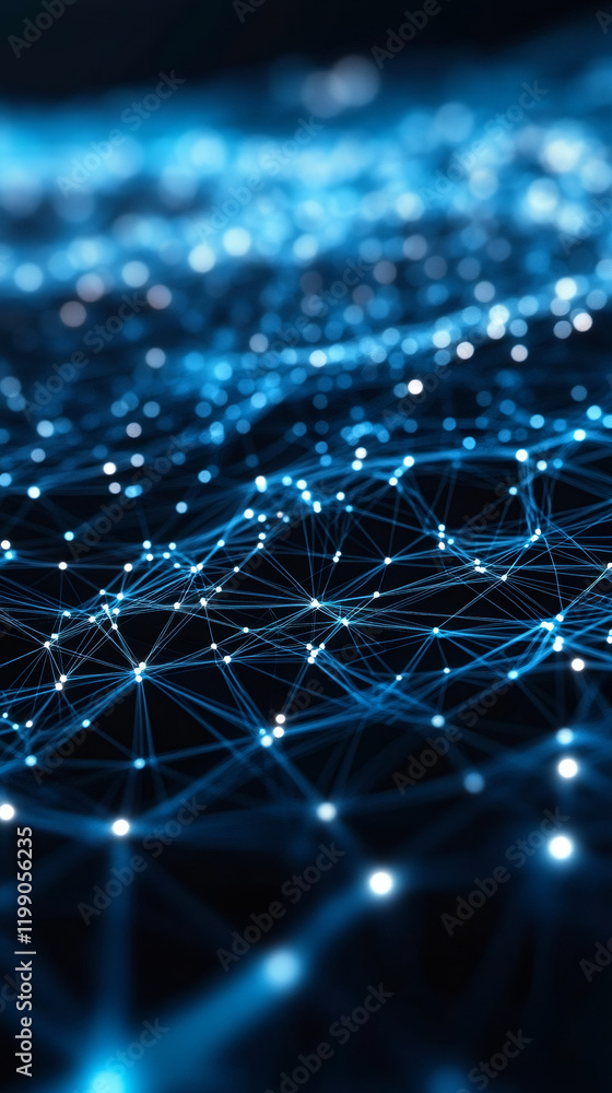 Poster futuristic glowing blue network mesh connecting dots and lines representing global communication, in