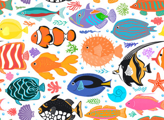sea marine llife tropical fish school illustraiton on transparent background,  vector illustration repeat seamless pattern print