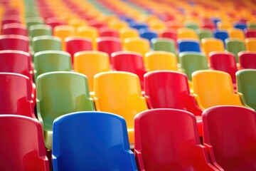 Obraz premium Rows of empty colorful stadium seats create a vibrant pattern, ready for fans to fill the venue