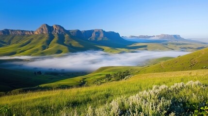 Naklejka premium Misty Mountain Valley at Sunrise
