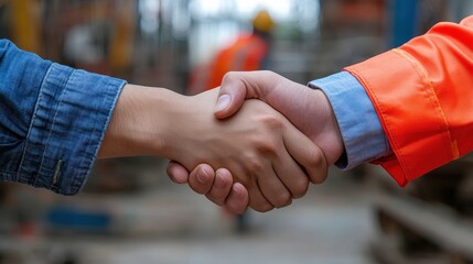 A Strong Partnership: Hands Clasped in Agreement at a Construction Site