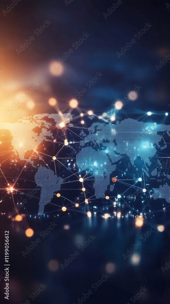 Fototapete Glowing digital world map representing interconnected network, highlighting global data flow with vibrant technological visualization