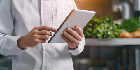 food safety inspection monitoring concept. A chef using a tablet in a modern kitchen filled with fresh herbs and ingredients.