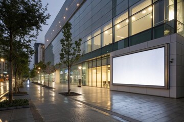 Obraz premium minimalist retail shop exterior with glowing blank display panel 