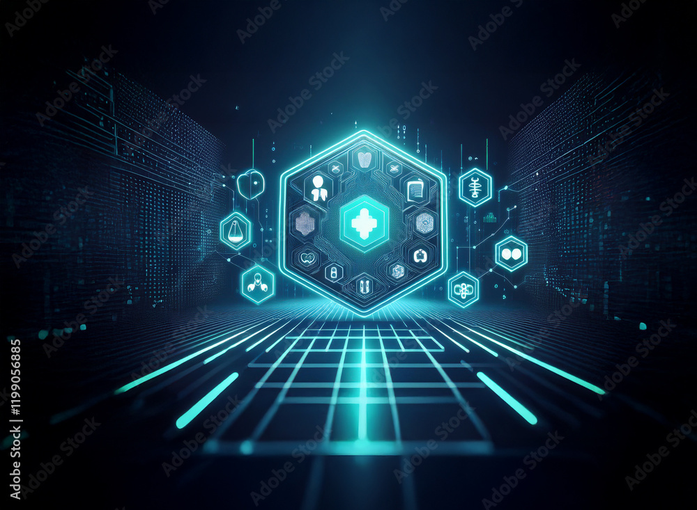Poster futuristic glowing hexagon displays digital icons, representing cybersecurity, data protection, and 