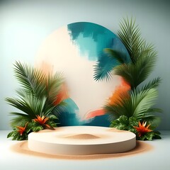 Tropical Paradise Circular Fabric Podium with Palm Leaves