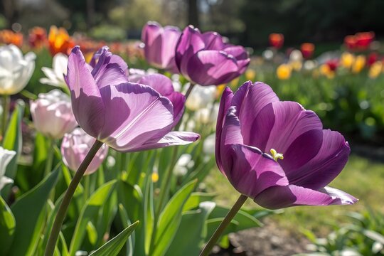 Close-up view of vibrant purple tulips blooming in a sunny garden during spring season valentine day