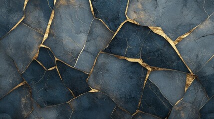 Abstract Dark Blue and Gold Cracks Pattern, Metallic Accents, Bold Art