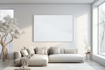 Bright minimalist living room with large sofa, blank horizontal frame mockup, snowy winter view and decorative bonsai tree