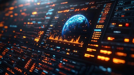 Futuristic Financial Dashboard with Earth Hologram. Generative AI