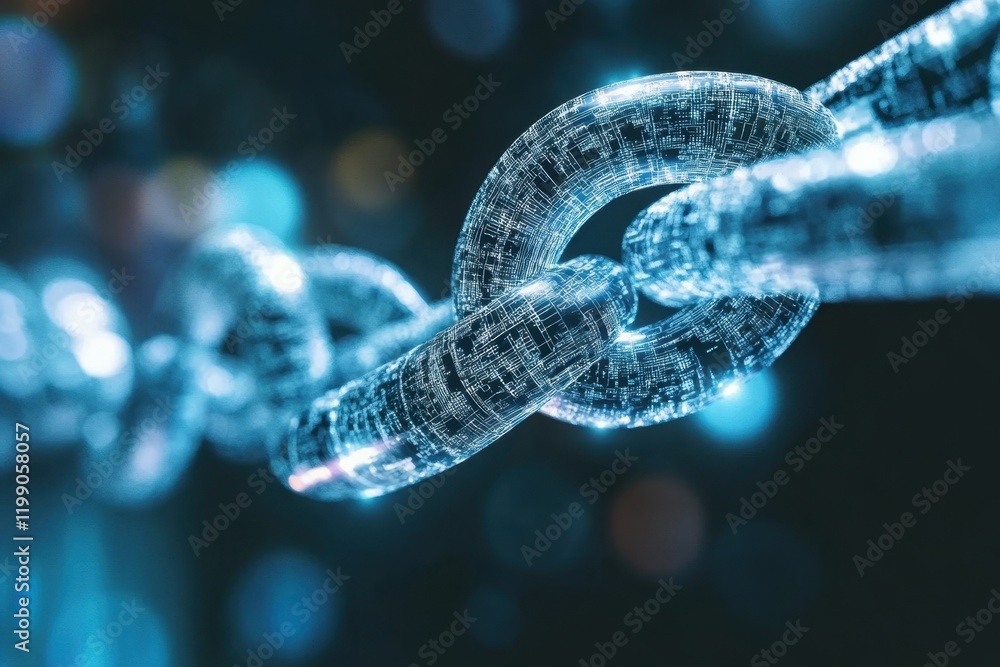 Poster digital chain links representing blockchain technology in a futuristic setting