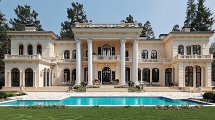 Naklejka premium Grand Mansion, Pool, Forest, Sunny Day, Luxury Real Estate.