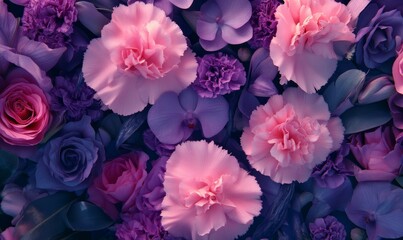 Colorful flower bouquet background made of pink and purple carnation and orchid flowers wall for background and wallpaper