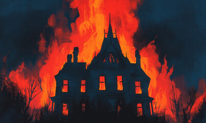 Dramatic Artwork of a Gothic Mansion Engulfed in Flames at Night Creating an Intense and Scenic Backdrop