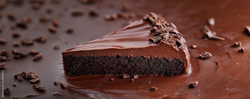 Poster Decadent chocolate cake slice with ganache and cocoa nibs.