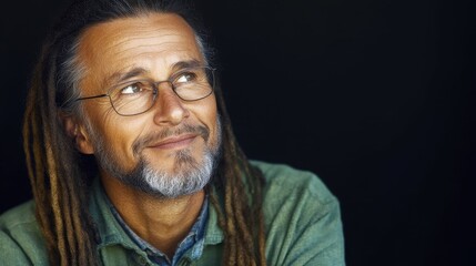 A man with long dreadlocks and glasses smiles while looking up, appearing deep in thought. The dark background emphasizes his relaxed demeanor and contemplative expression