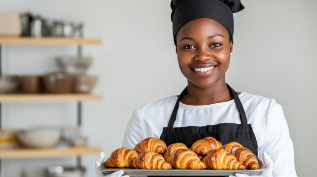 African chef woman carrying a tray of fresh baked croissants