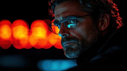 Fototapeta premium The man stares intently ahead, illuminated by vibrant red and orange lights. His glasses reflect the colors, enhancing his focused expression in a low-lit urban setting