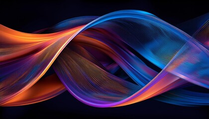Abstract digital art with smooth, flowing ribbons in blue, purple, and orange gradients, intertwining dynamically on a black background
