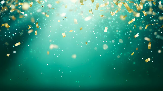 Golden Confetti Dances Through Light Rays, Creating a Whimsical Celebration Atmosphere Against a Vibrant Green Backdrop of Joy.