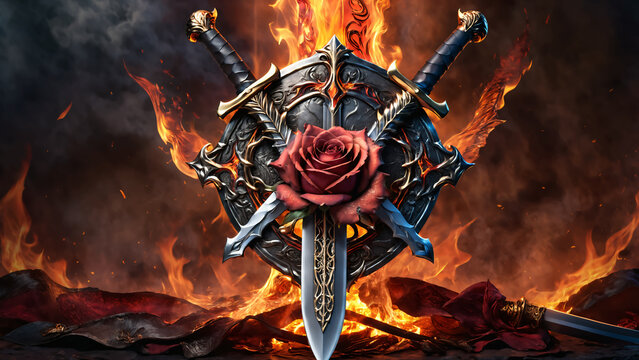Emblem with sword and rose on burning background. Metal badge design for wallpaper.
