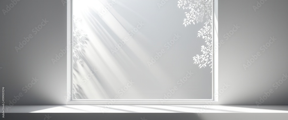 Poster sunlit window with soft shadows and leaf patterns on white wall