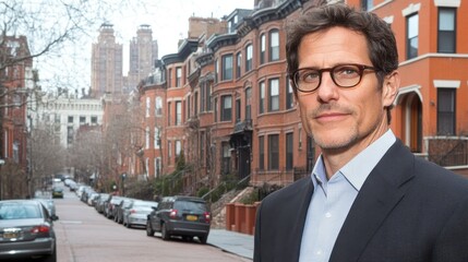 A well-dressed individual stands in front of a row of red-brick buildings on a bustling urban street